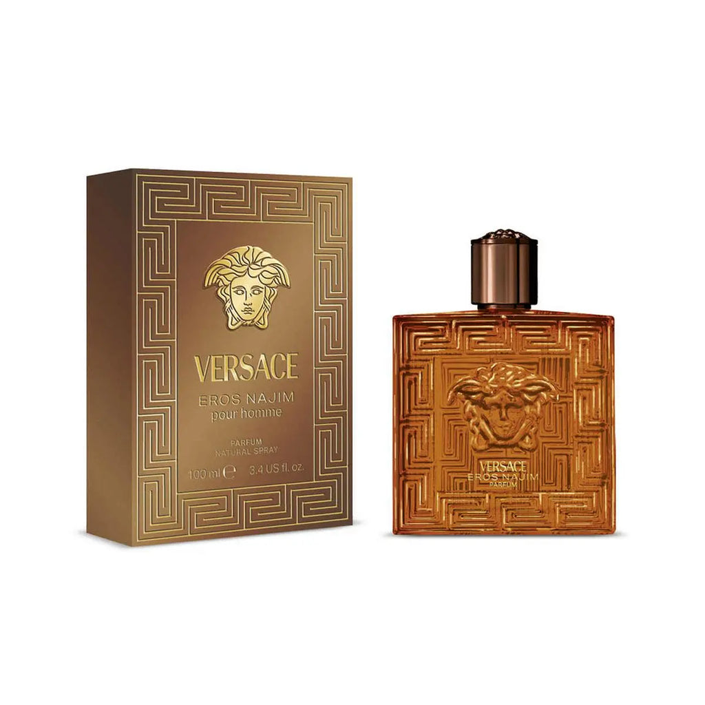 Versace Eros Najim men's parfum bottle, 100ml, featuring sleek design and elegant packaging for sophisticated fragrance.
