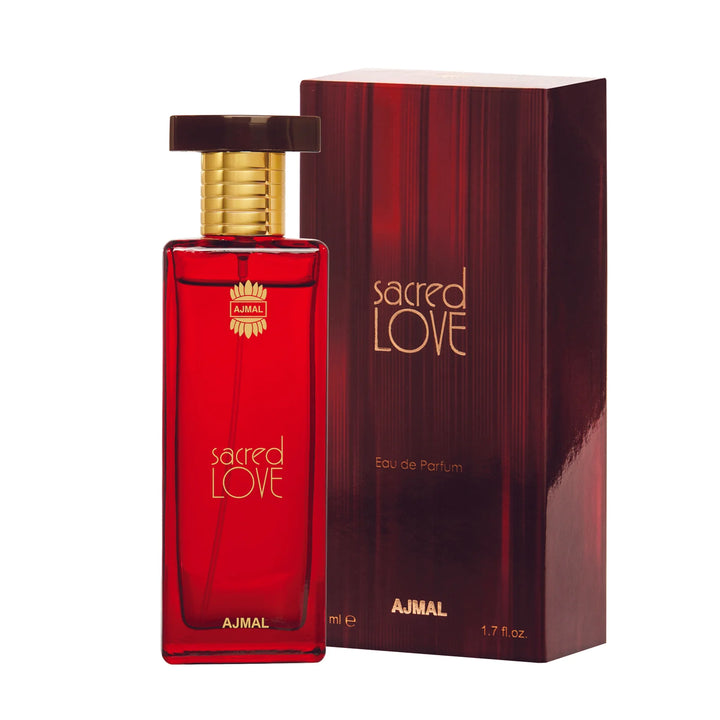 Ajmal Sacred Love Eau De Parfum for women in a 50ml bottle, featuring elegant floral and oriental fragrance notes.