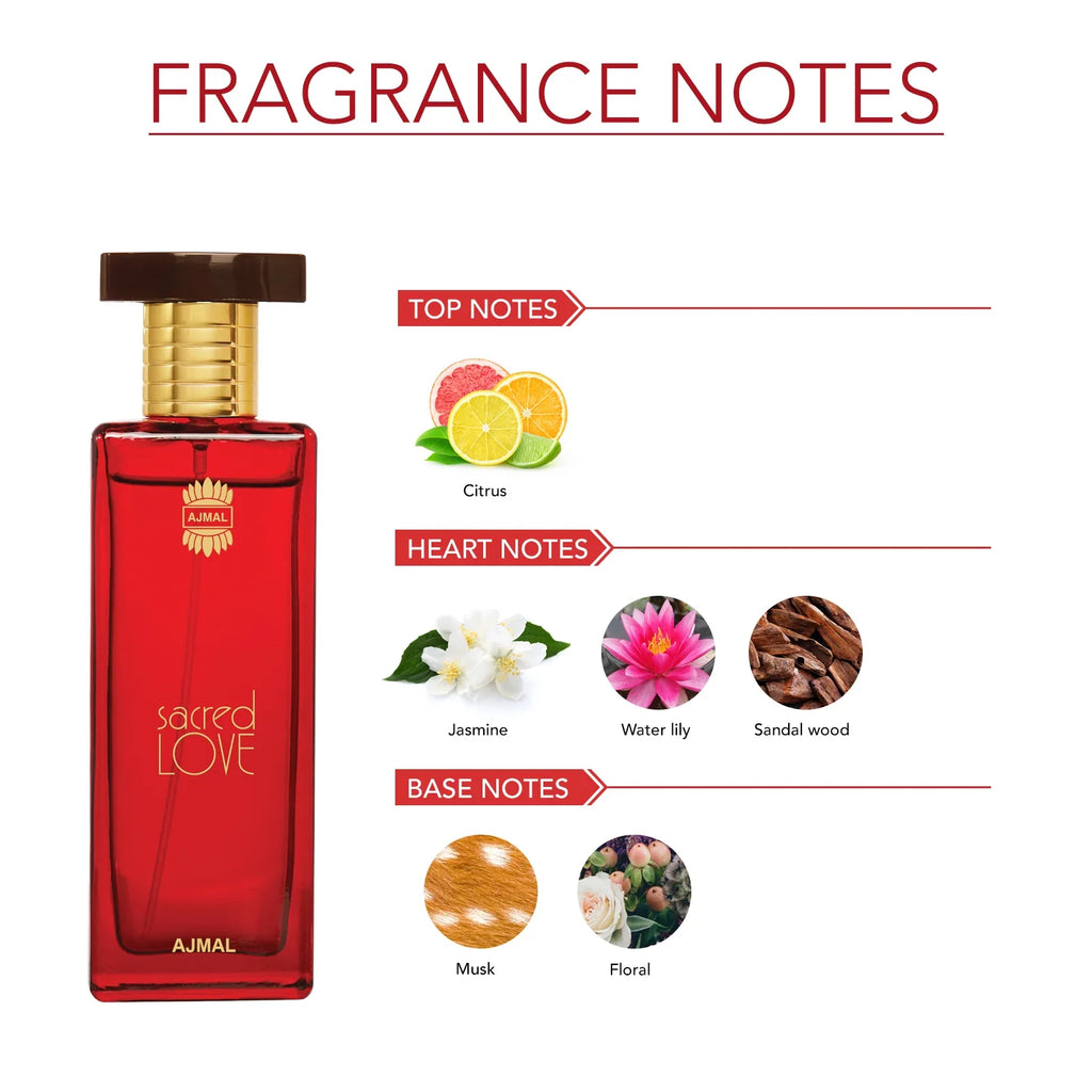 Ajmal Sacred Love Eau De Parfum for women, 50ml bottle, elegant floral and oriental fragrance with a sleek design.