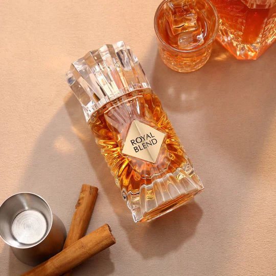 French Avenue Royal Blend Eau de Parfum for Men bottle with elegant black and gold design, showcasing a luxurious fragrance package.