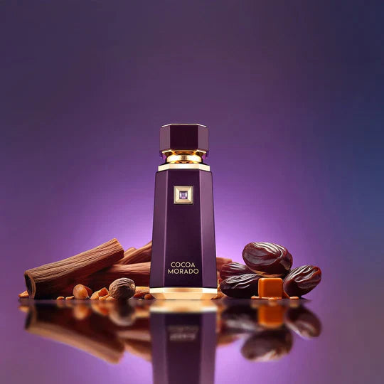 French Avenue Cocoa Morado Eau de Parfum for Unisex, elegant glass bottle with dark purple liquid, showcasing luxurious fragrance.