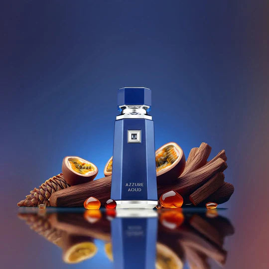 French Avenue Azzure Aoud Eau de Parfum for Men bottle with sleek design and blue accents, reflecting a luxurious fragrance.