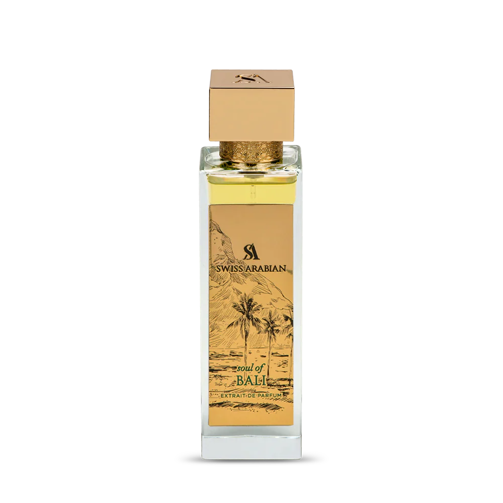 Swiss Arabian Soul of Bali Extrait De Parfum 100ml bottle, elegant glass with gold accents, showcasing a luxurious fragrance for men and women.
