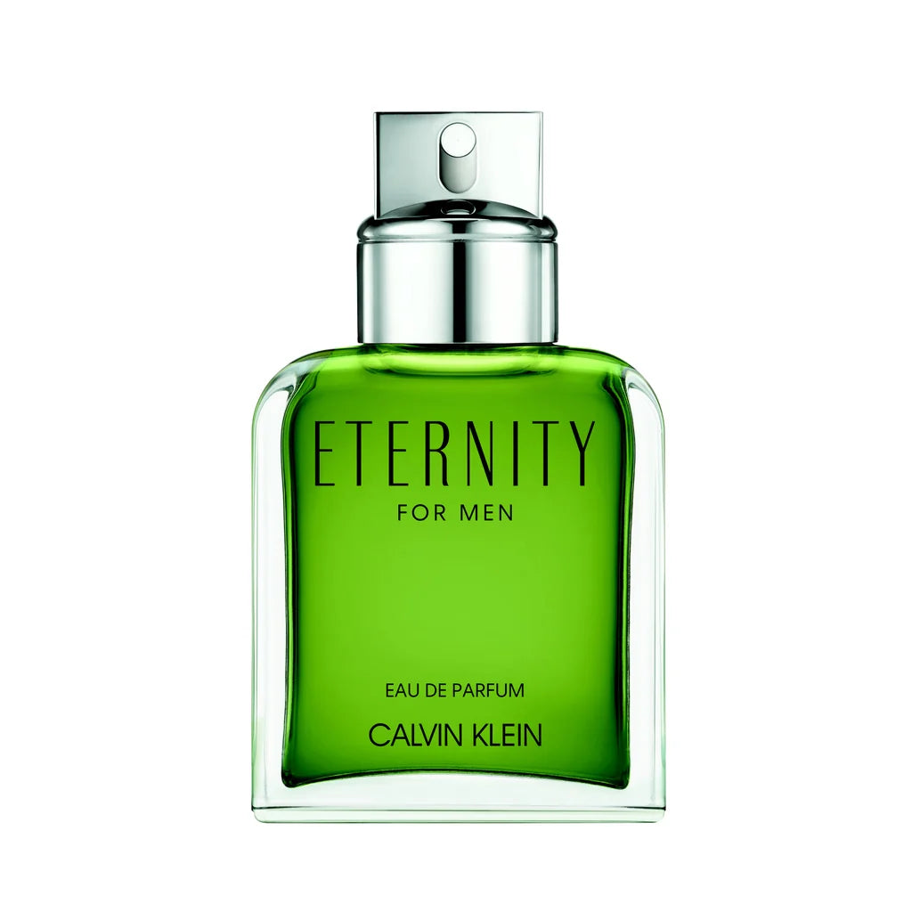 Calvin Klein Eternity Eau De Parfum 100ml for men, elegant glass bottle with Calvin Klein branding and a sleek cap.