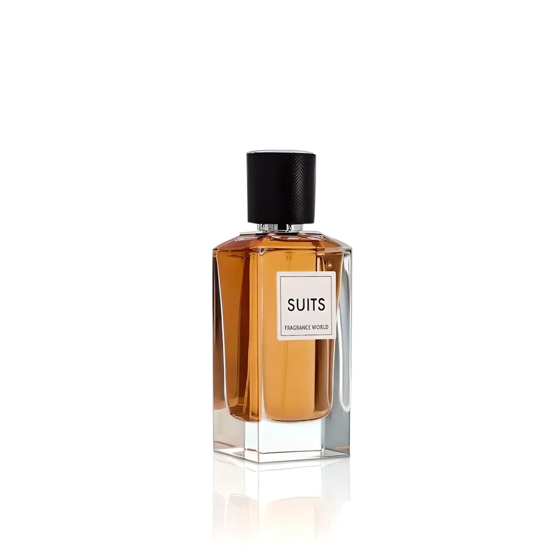 Fragrance World Suits Eau de Parfum 100ml for men and women, featuring a sleek bottle inspired by YSL Tuxedo.