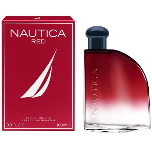 Calvin Klein Nautica Red Eau De Toilette for Men, 100ml bottle with red cap and clear glass, sleek design on a white background.