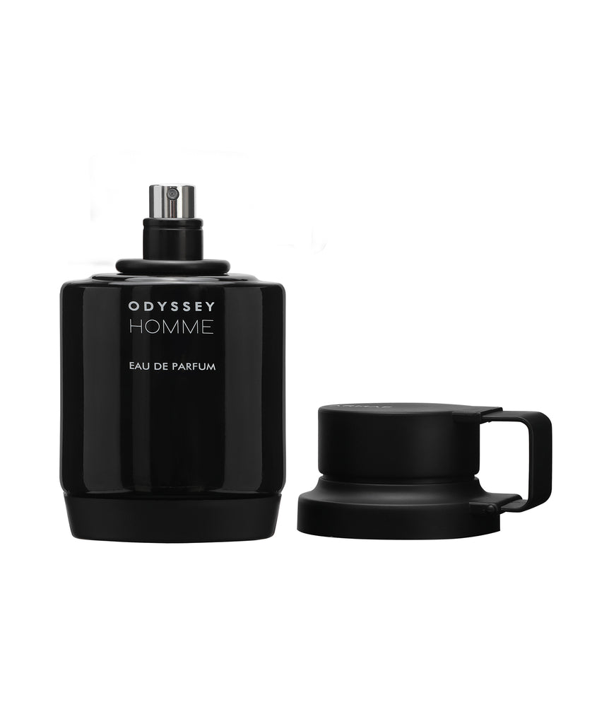 Armaf Odyssey Homme Black Eau de Parfum bottle for men, 200ml, with sleek black design and gold accents.