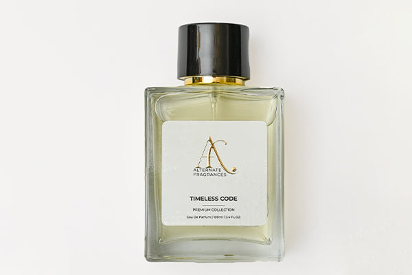 Elegant bottle of Timeless Code EDP perfume by Rini Deals, showcasing sleek design and clear glass with the fragrance logo.