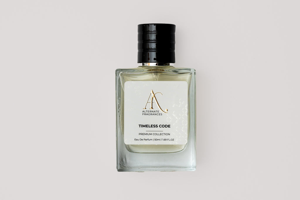 Elegant bottle of Timeless Code EDP perfume by Rini Deals, showcasing its sleek design and sophisticated fragrance.