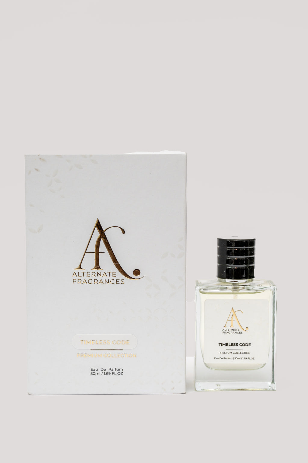 Rini Deals Timeless Code 50ml Eau de Parfum with box, featuring a sleek bottle and elegant packaging for men.