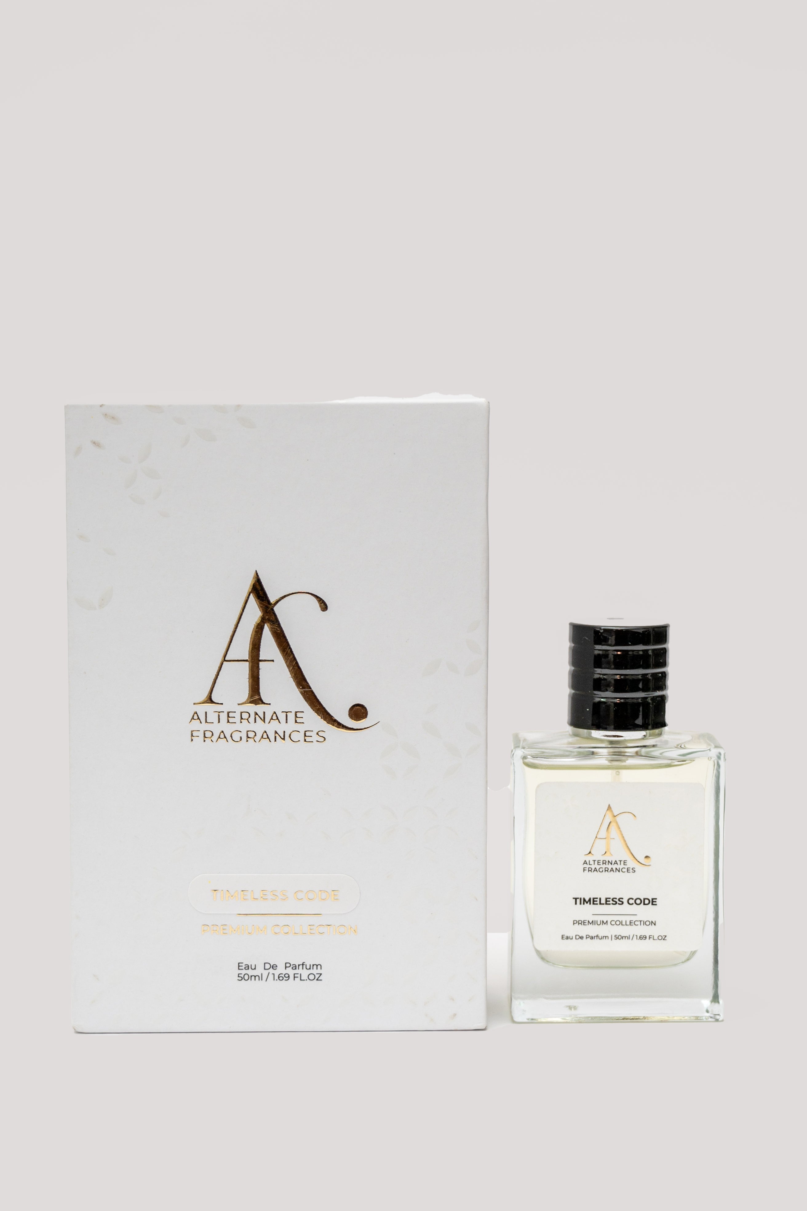 Rini Deals Timeless Code 50ml Eau de Parfum with box, featuring a sleek bottle and elegant packaging for men.