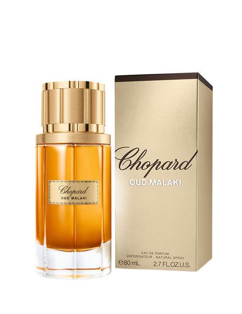 Chopard Oud Malaki Eau De Parfum bottle with elegant design, 80ml unisex fragrance, showcasing the luxurious perfume packaging.