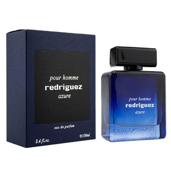 Fragrance World Redriguez Azure Eau De Parfum for Men, 100ml bottle with sleek design and blue accents.