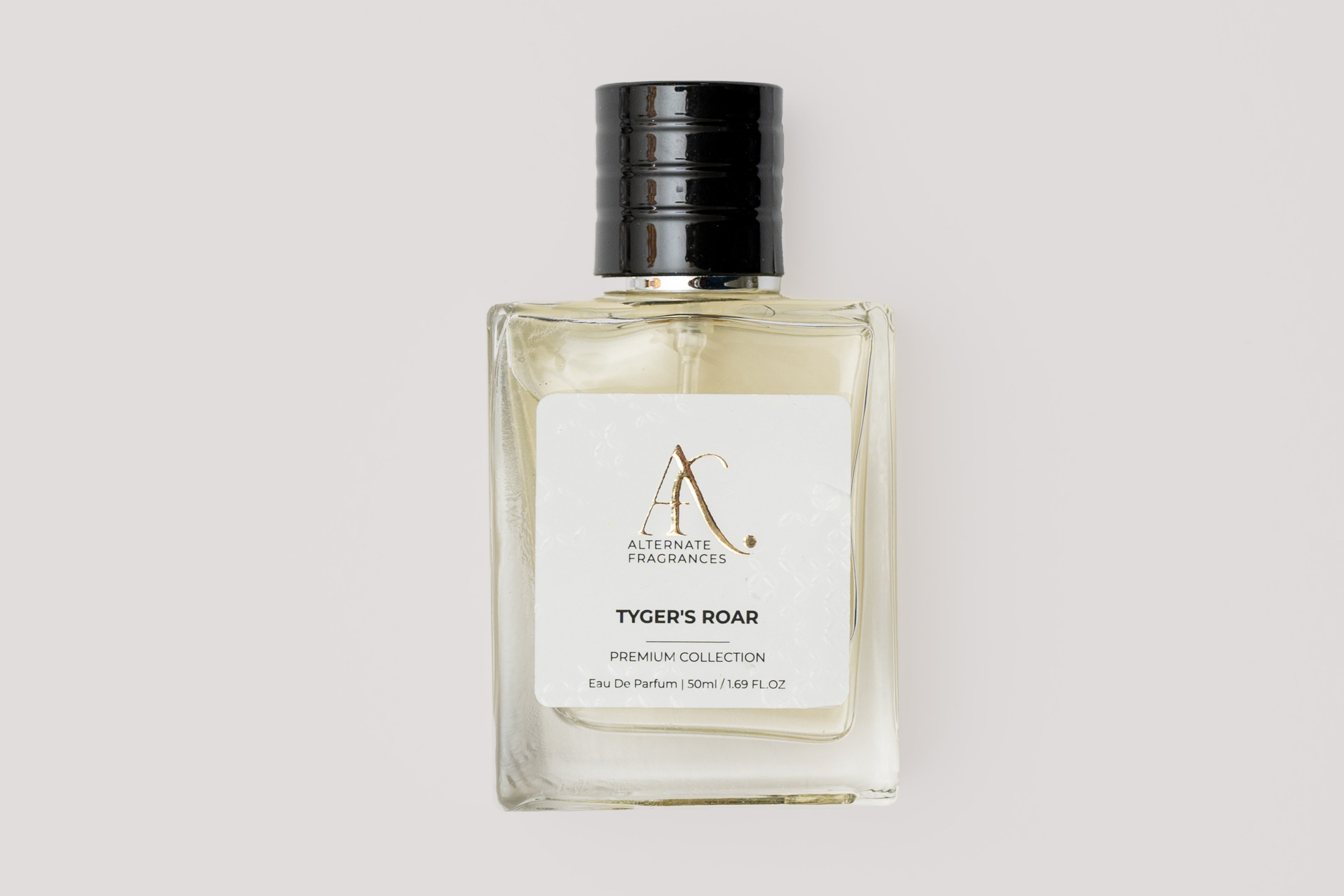 Elegant bottle of Tyger's Roar EDP by Rini Deals, featuring a sleek design and a vibrant, tiger-themed label.