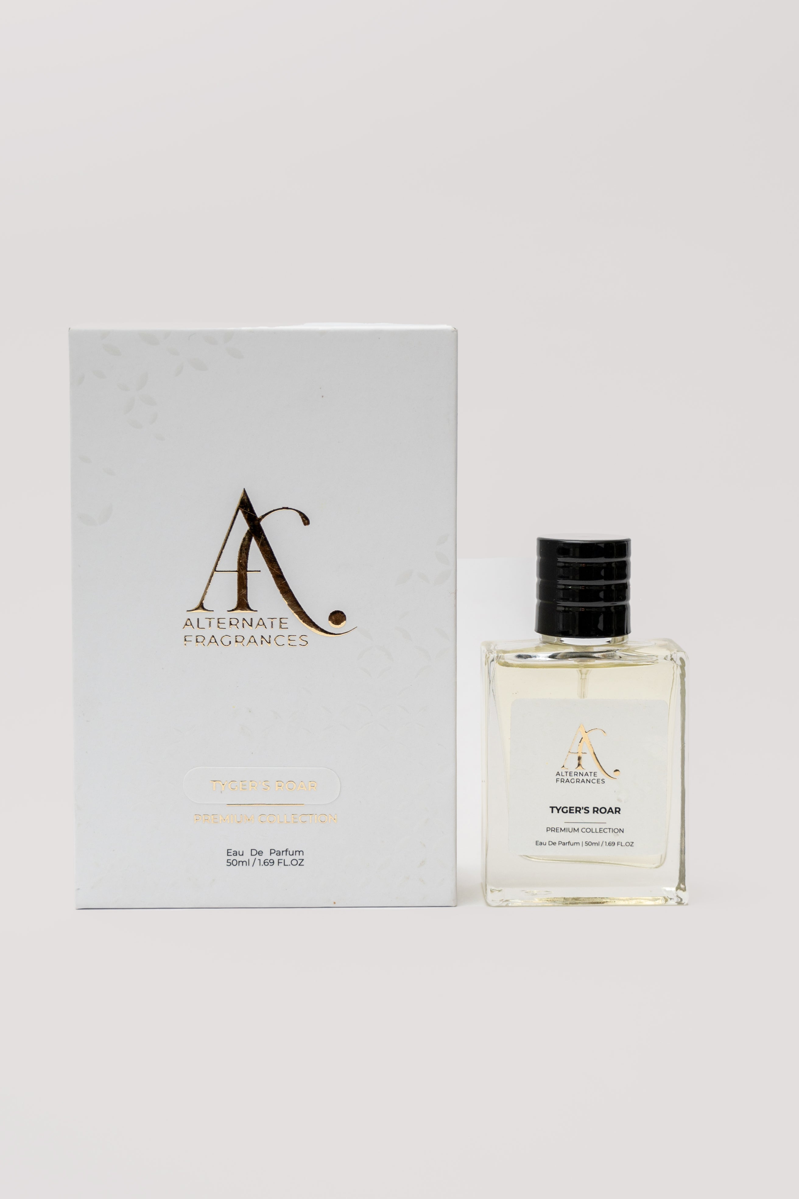 Rini Deals Tyger's Roar 50ml Eau de Parfum bottle with box, showcasing its sleek design and branding.