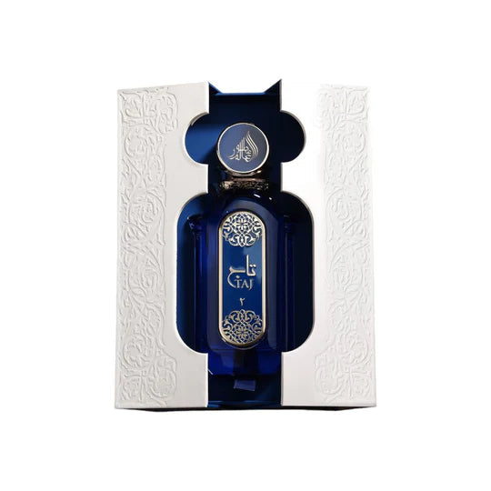 Fragrance World Athoor Al Alam Taj 2 Eau de Parfum for men, 90ml bottle with elegant design and gold accents.