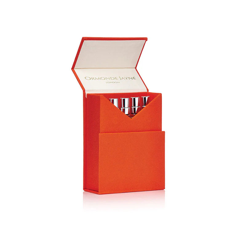 Ormonde Jayne Travel Lab set featuring five 8ml unisex fragrance bottles in a sleek travel box.