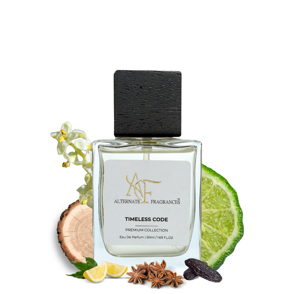 Elegant bottle of Timeless Code EDP perfume by Rini Deals, showcasing its sleek design and sophisticated packaging.