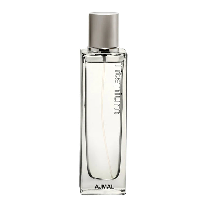 Ajmal Titanium Eau De Parfum for Men in 100ml bottle, featuring a sleek bottle design and silver accents.