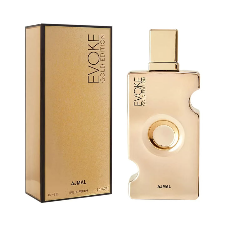 Elegant bottle of Ajmal Evoke Gold Edition Eau de Perfume for women with gold accents, showcasing luxurious fragrance packaging