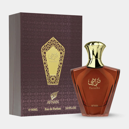 Afnan Turathi Brown EDP for Men, a bottle of men's perfume with warm brown fragrance, displayed on a neutral background.