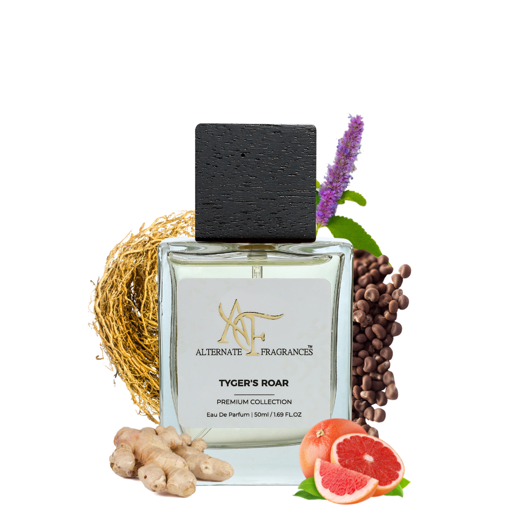 Bottle of Tyger's Roar Eau de Parfum by Rini Deals featuring a sleek, dark glass design with a tiger emblem on the label.