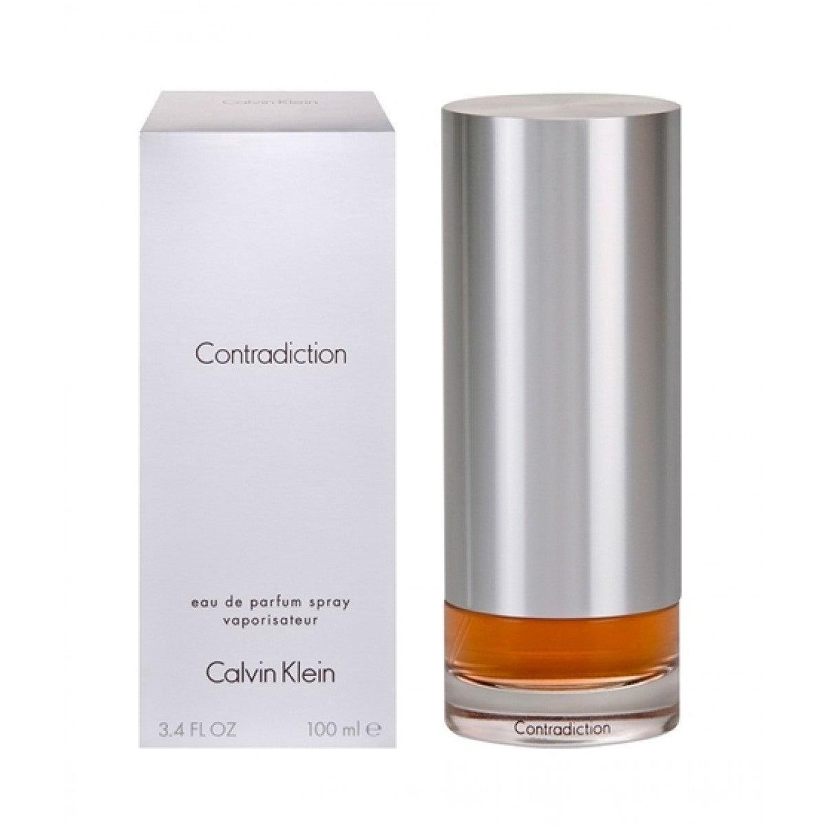 Calvin Klein Contradiction Eau De Parfum 100ml bottle for women with sleek glass design and silver cap, standing upright.