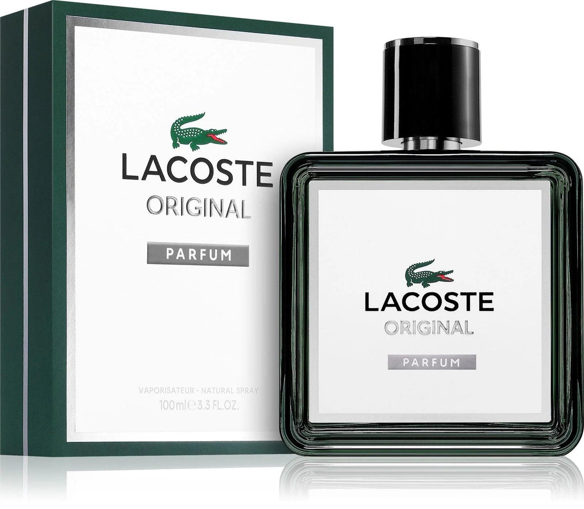 Lacoste Original Parfum 100ml for men bottle with sleek design and branding, shown on a neutral background.