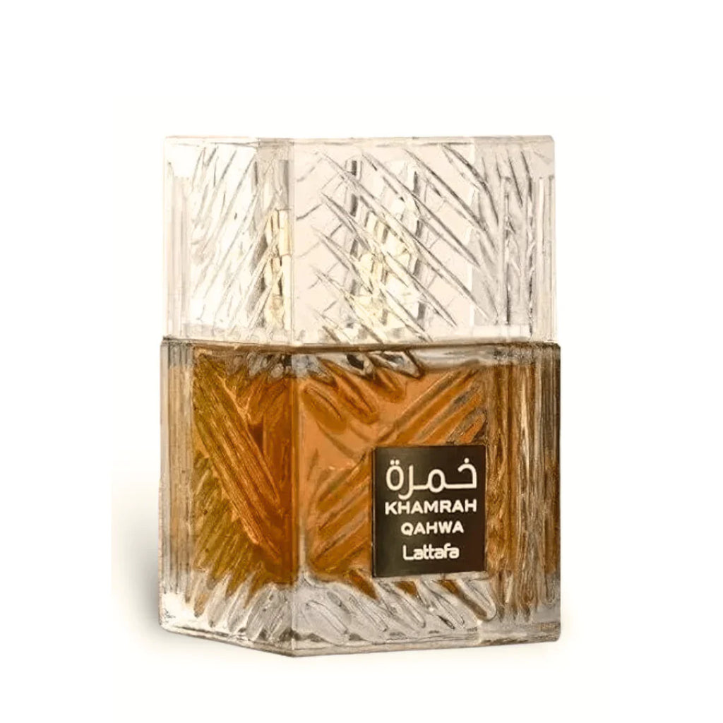 Lattafa Khamrah Dukhan Eau de Parfum 100ml for men and women, featuring a sleek bottle and elegant design.