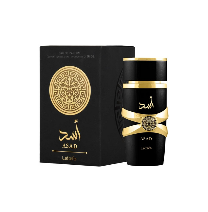 Lattafa Asad Eau de Parfum 100ml bottle for men and women, sleek glass design with silver cap and elegant label.