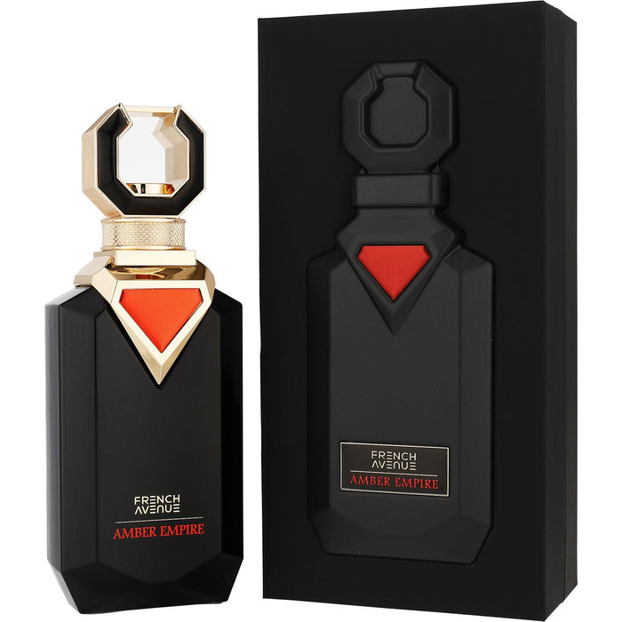French Avenue Amber Empire Eau de Parfum unisex bottle with elegant gold accents and amber-colored liquid inside.