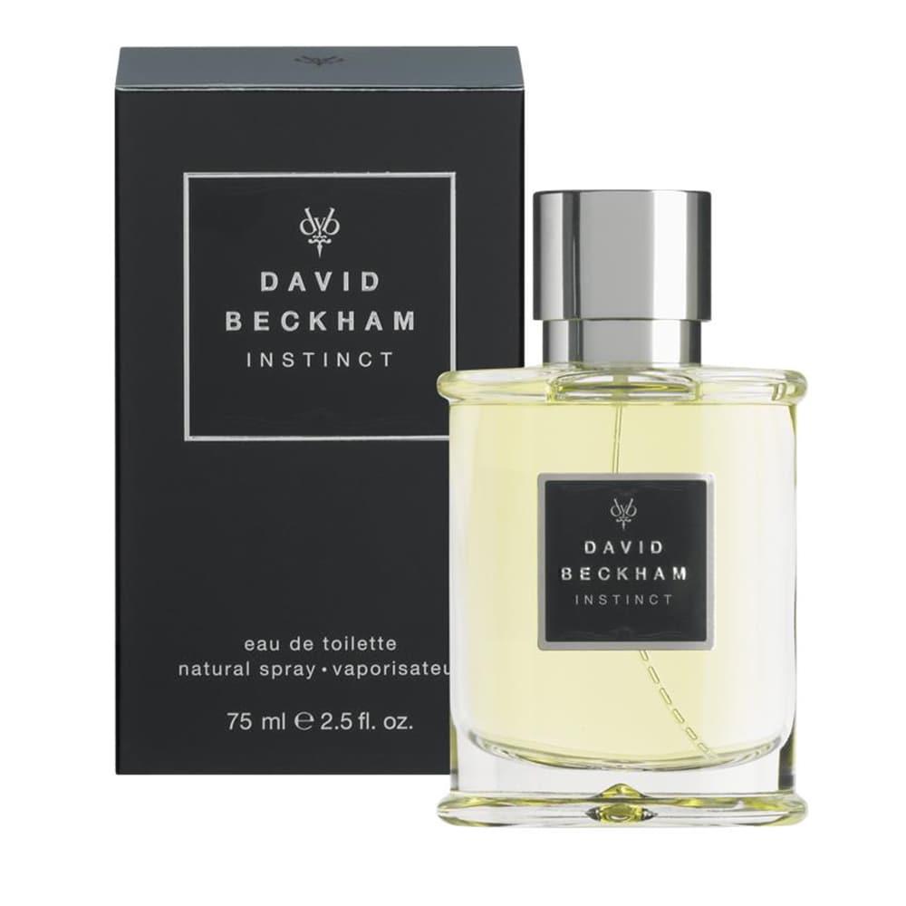 David Beckham Instinct Eau De Toilette 75ml for men, featuring the perfume bottle with a sleek design and silver cap.
