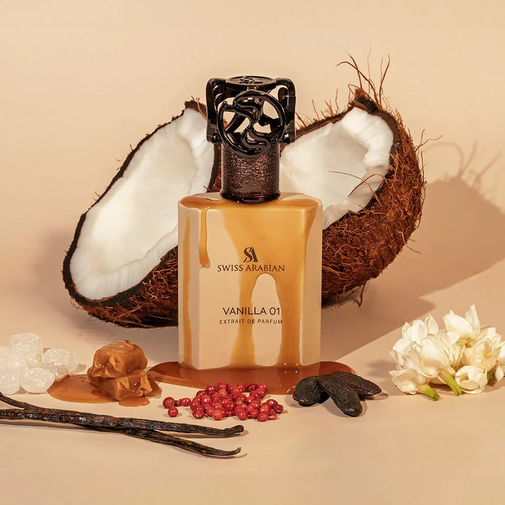 Swiss Arabian Vanilla 01 Extrait De Parfum bottle for women, featuring a sleek design and vanilla-scented fragrance in a 50ml bottle
