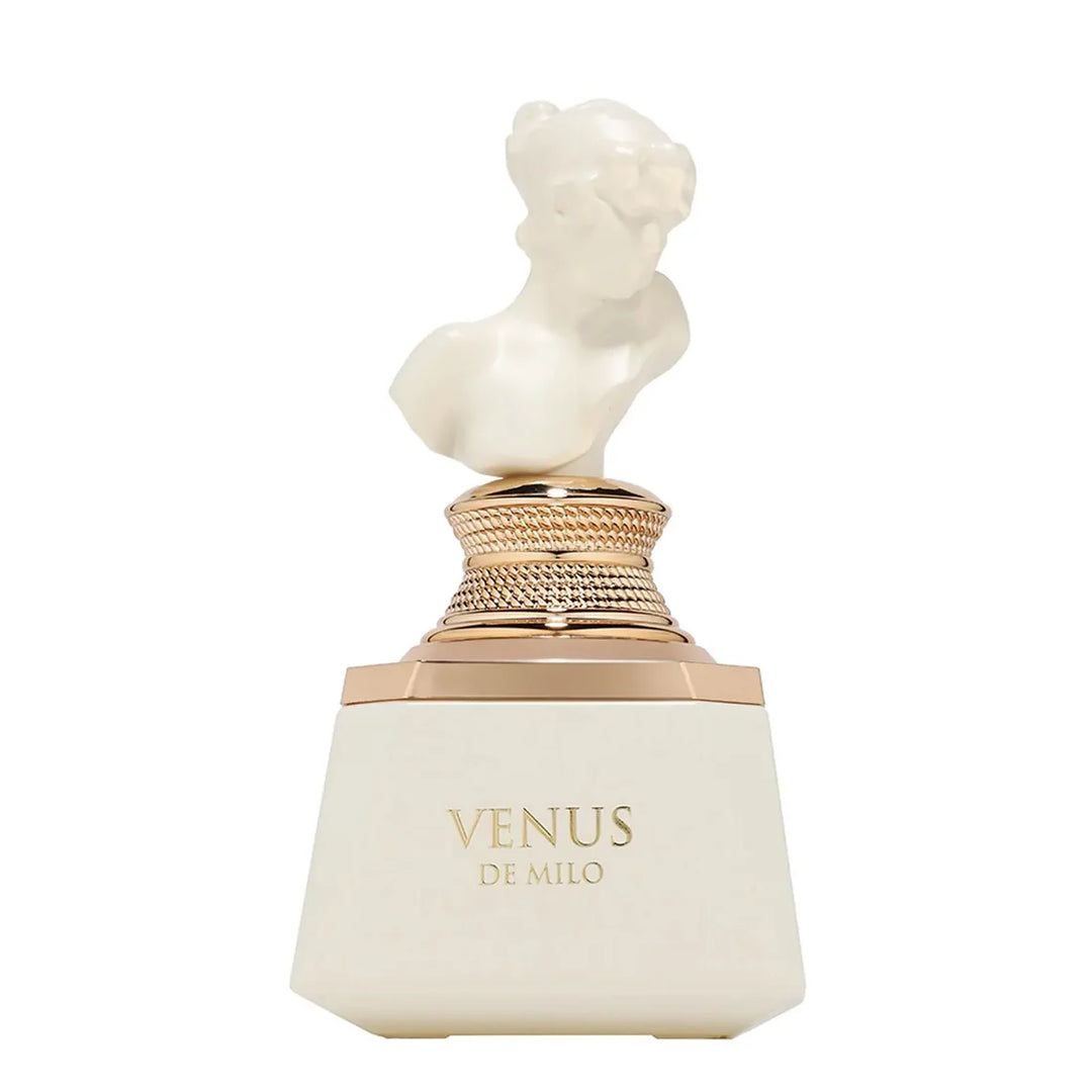 Fragrance World Venus de Milo Eau de Parfum 100ml bottle for men and women, elegant glass perfume container with floral and woody notes