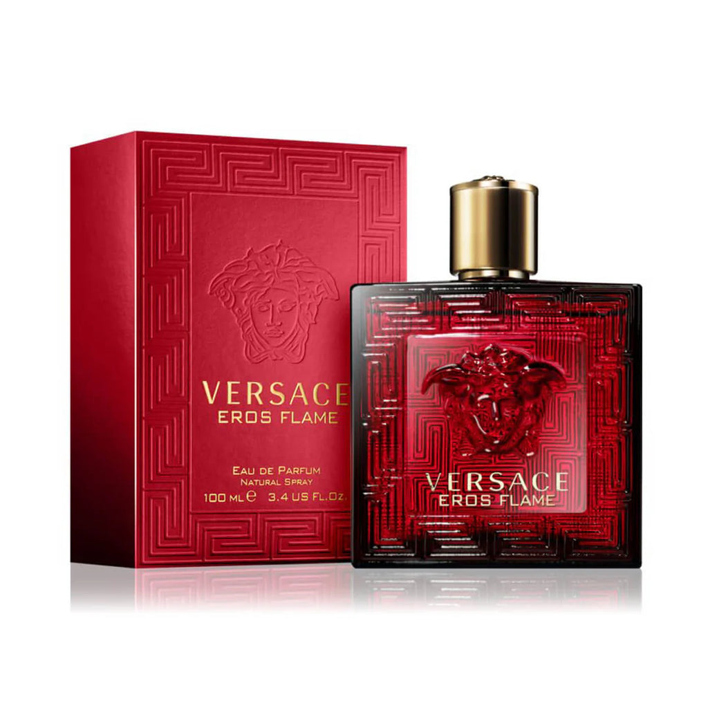 Versace Eros Flame Eau De Parfum for Men in 100ml bottle, featuring a sleek design and bold branding.