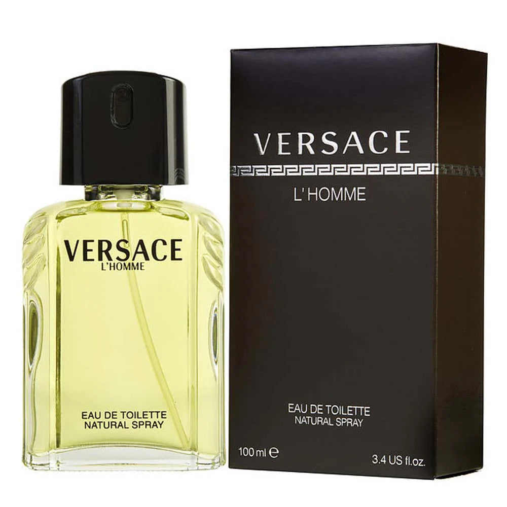 Versace L’Homme Eau De Toilette 100ml for men, featuring the sleek bottle design with gold accents and dark label.
