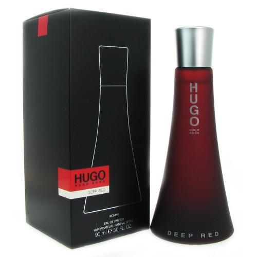 Boss HUGO Deep Red Eau de Parfum for women, 90ml bottle with a sleek red and black design, elegant fragrance presentation.