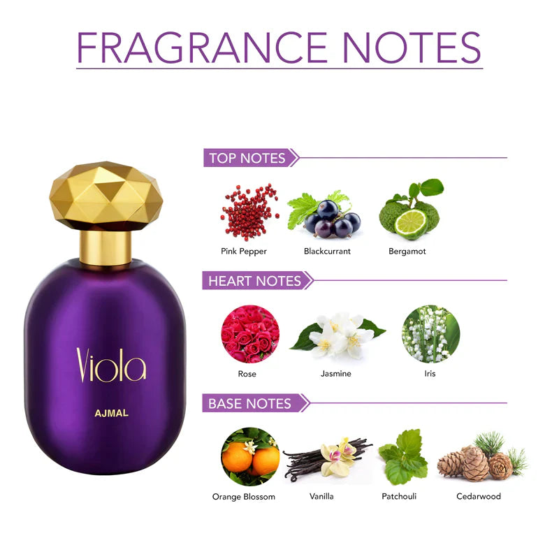 Ajmal Viola Eau De Parfum 75ml for women, featuring floral and fruity fragrance ingredients in a sleek bottle.