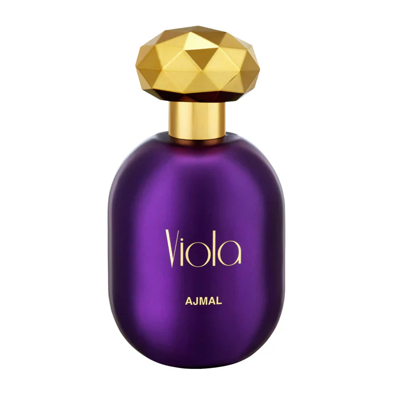 Ajmal Viola Eau De Parfum 75ml for women, featuring a sleek glass bottle with a floral design and purple accents.