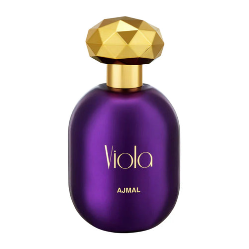 Ajmal Viola Eau De Parfum 75ml for women, featuring a sleek glass bottle with a floral design and purple accents.