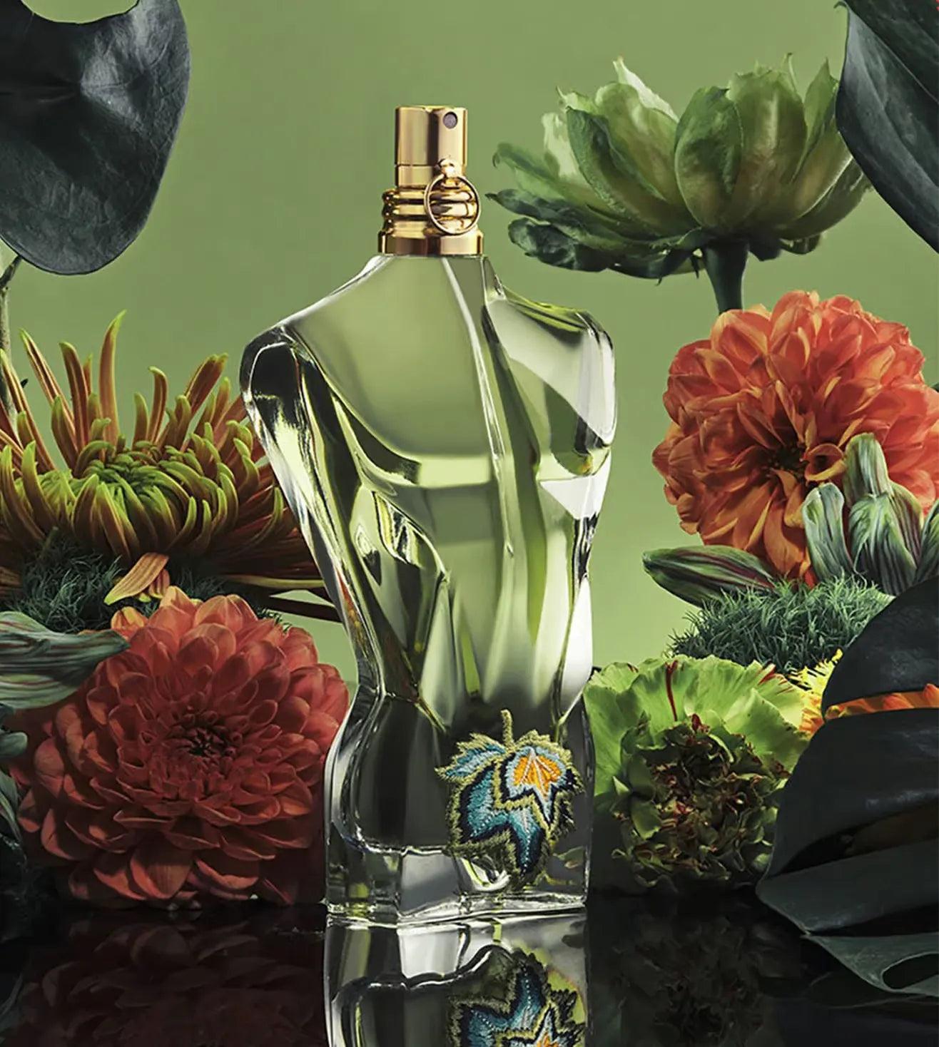 Jean Paul Gaultier Le Beau Paradise Garden Eau De Parfum for men, 125ml bottle with floral and citrus design.