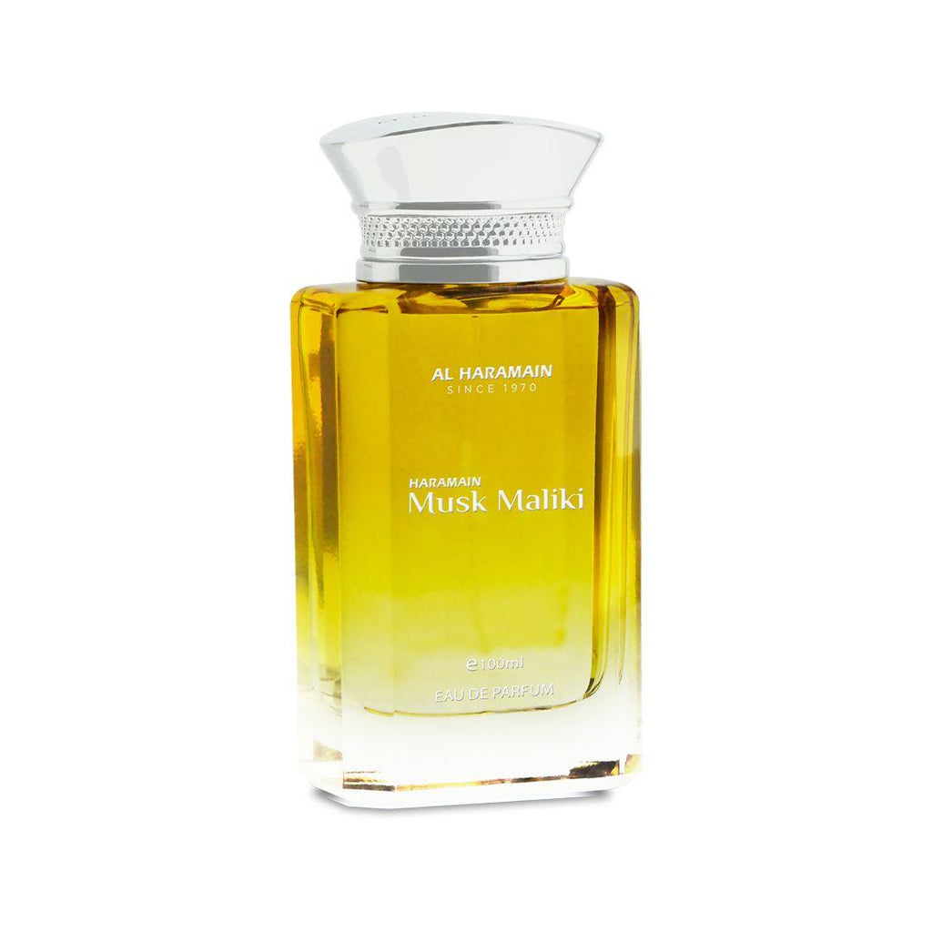 Al Haramain Musk Maliki 100ml Eau de Parfum bottle for men and women, with elegant packaging and fragrance details visible.