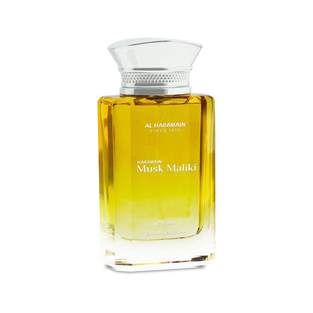 Al Haramain Musk Maliki 100ml Eau de Parfum bottle for men and women, with elegant packaging and fragrance details visible.