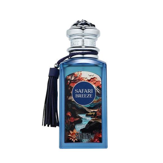 French Avenue Safari Breeze Eau de Parfum unisex 100ml bottle with a sleek, modern design and safari-inspired branding.