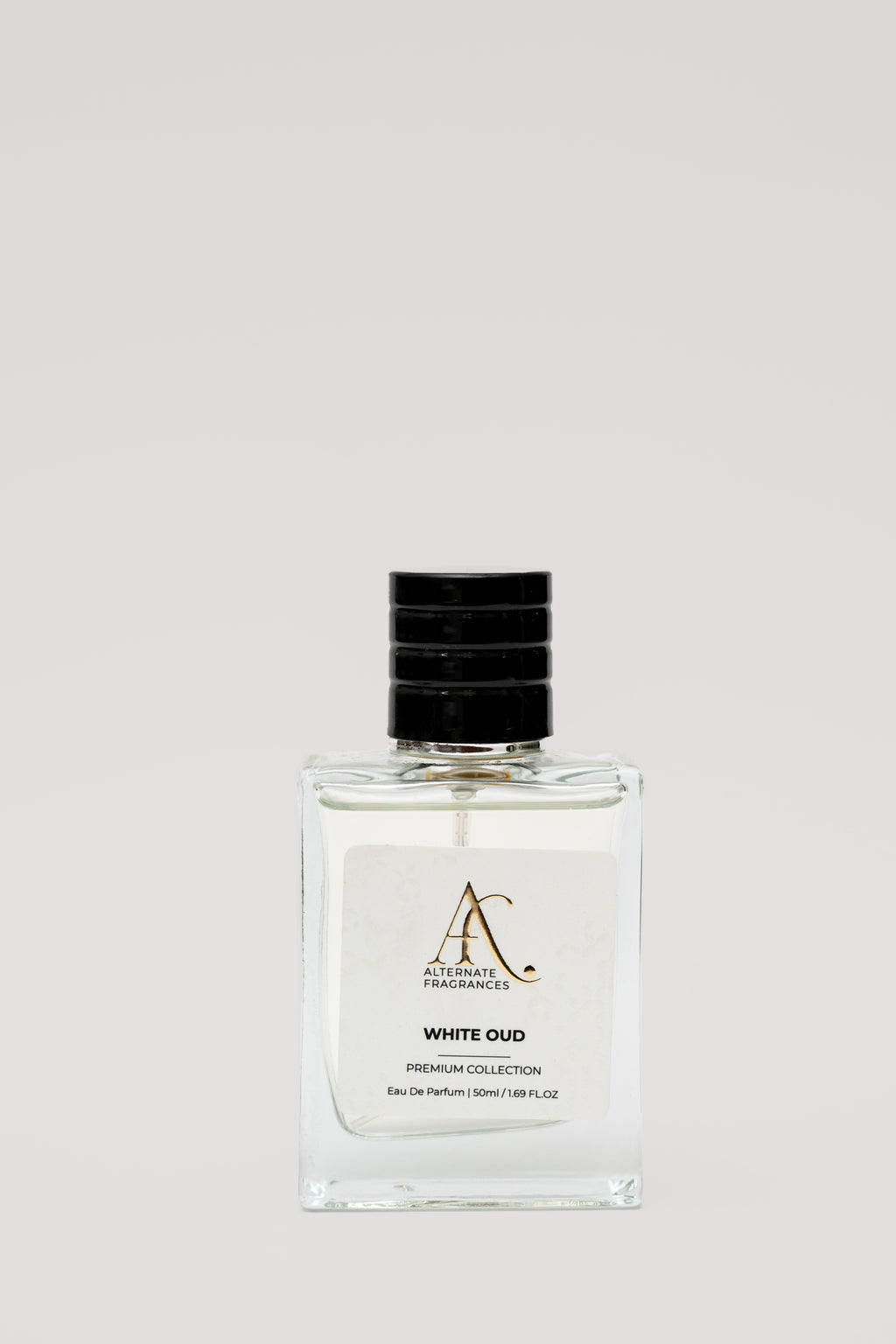 White Oud EDP by Rini Deals in a 50ml bottle, showcasing the elegant white fragrance with a sleek design.
