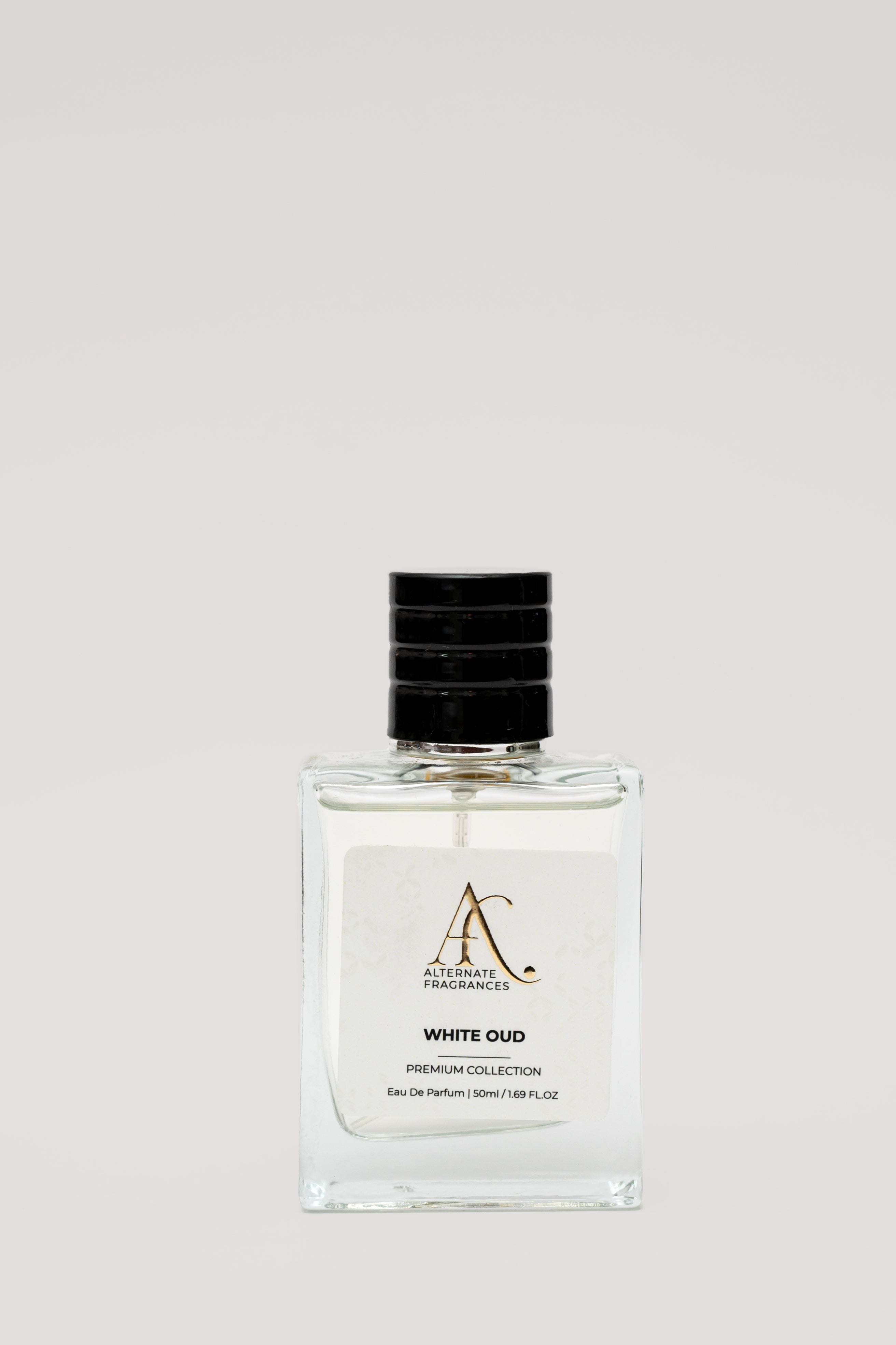 White Oud EDP by Rini Deals in a 50ml bottle, showcasing the elegant white fragrance with a sleek design.