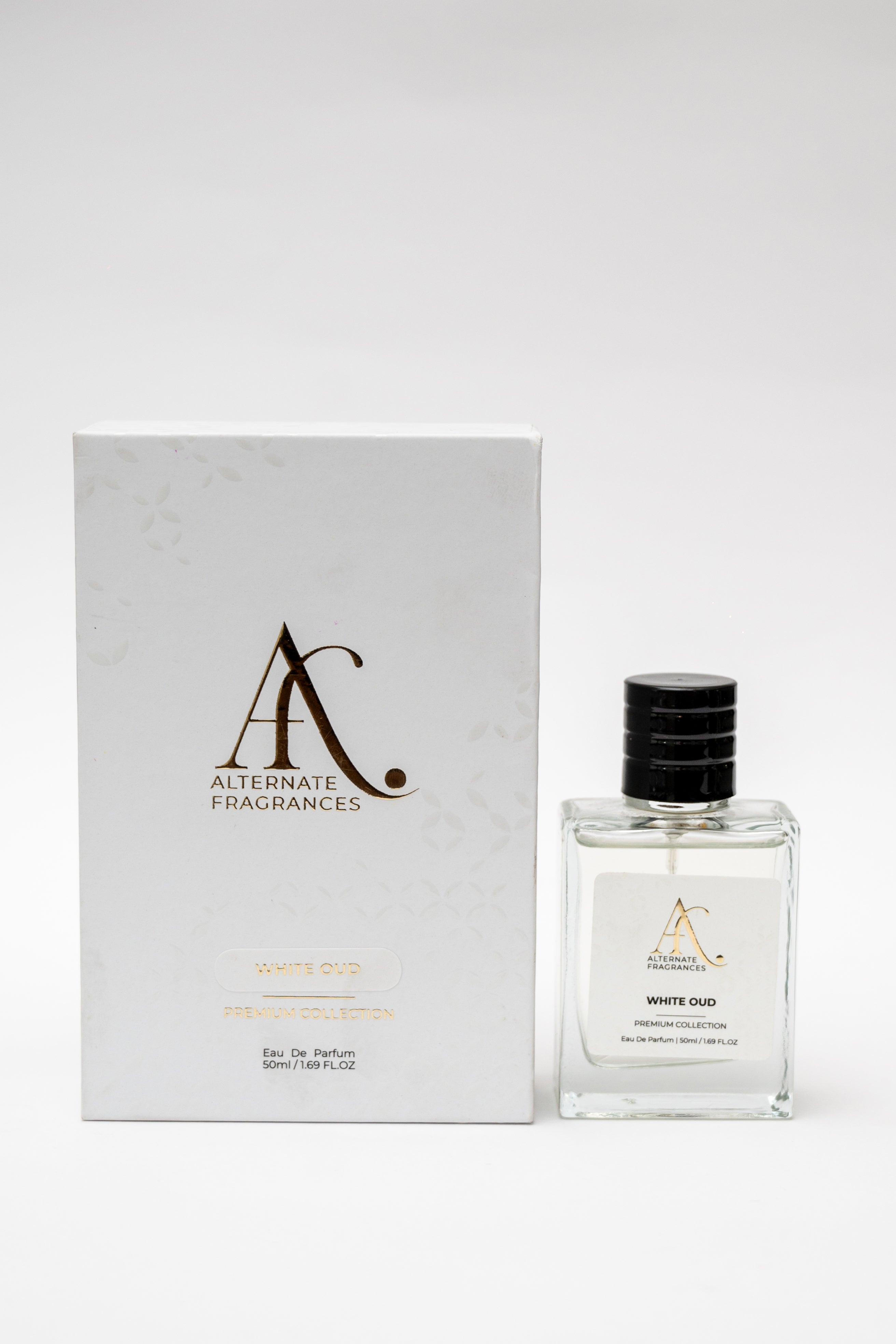 White Oud EDP by Rini Deals in a 50ml bottle with elegant box, showcasing the luxurious white fragrance and packaging.