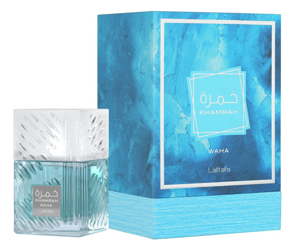 Lattafa Khamrah Waha Eau De Parfum 100ml bottle with elegant packaging for men and women, showcasing the fragrance design.