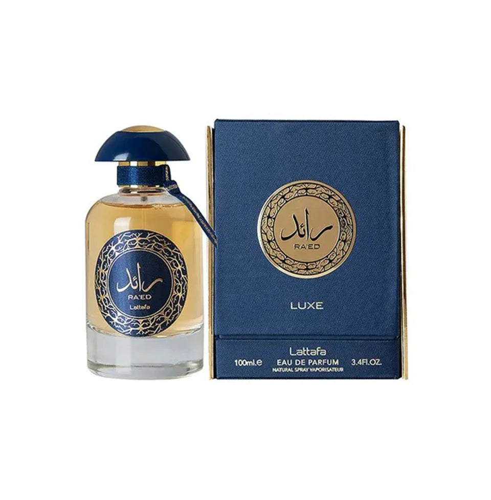 Lattafa Ra'ed Luxe Gold perfume bottle for men and women, elegant 100ml fragrance with gold accents, showcasing luxurious design.
