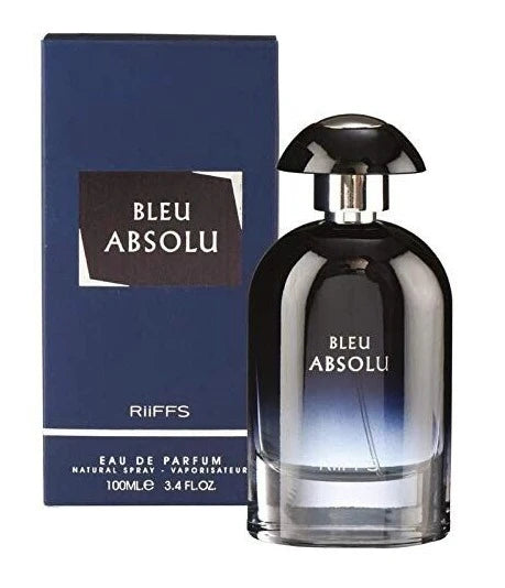 Riiffs Bleu Absolu Eau De Parfum 100ml bottle, elegant glass container with blue liquid, for men and women.